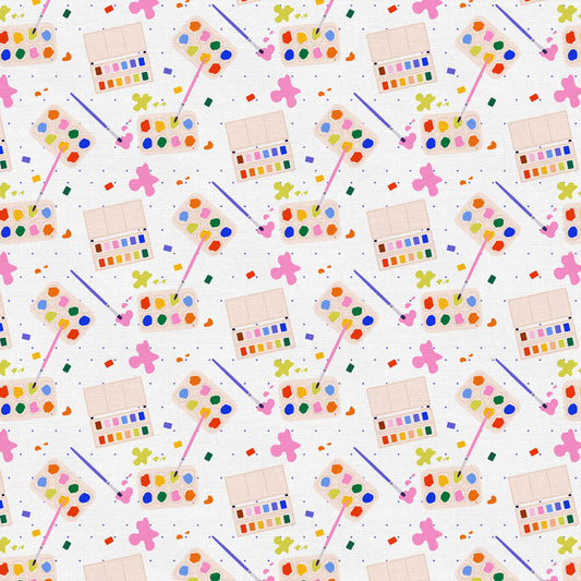 Kindergarten Cubbies Art Class White Cream Paintbrush Studio Cotton Fabric PBS-120-25006