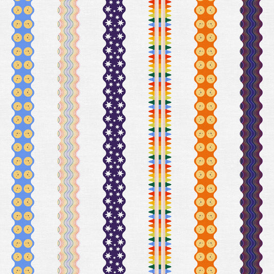 Kindergarten Cubbies Boarders White Cream Paintbrush Studio Cotton Fabric PBS-120-25014