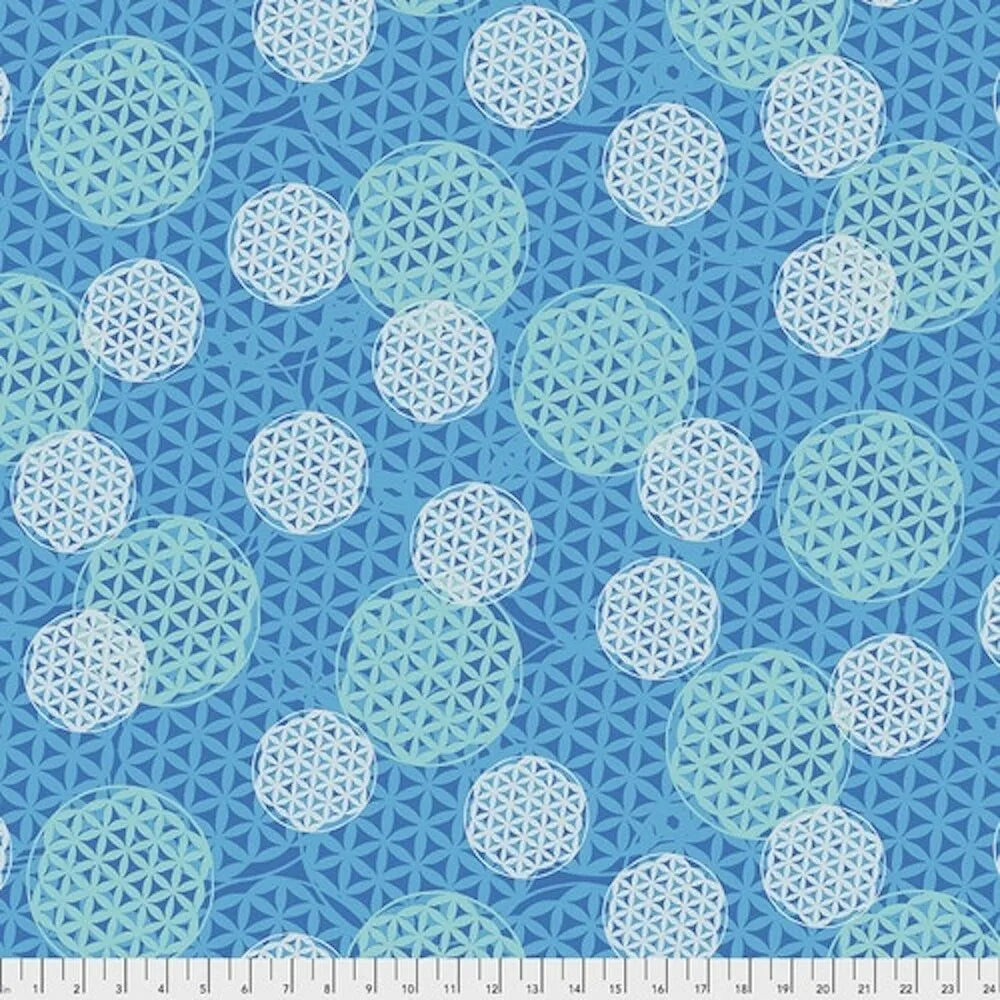 Kismet Flower Of Life Geo Allover Tonal Turquoise Blue Valori Wells Free Spirit Cotton Fabric