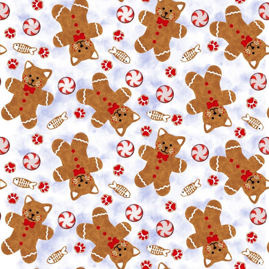 Kitten Christmas Gingerbread Kittens White Kayomi Harai Studio E Cotton Fabric SE-5639-1