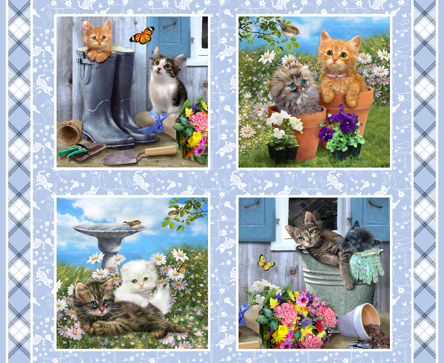 Kittens the Garden Block Panel 24" Robert Giordano Henry Glass Cotton Fabric