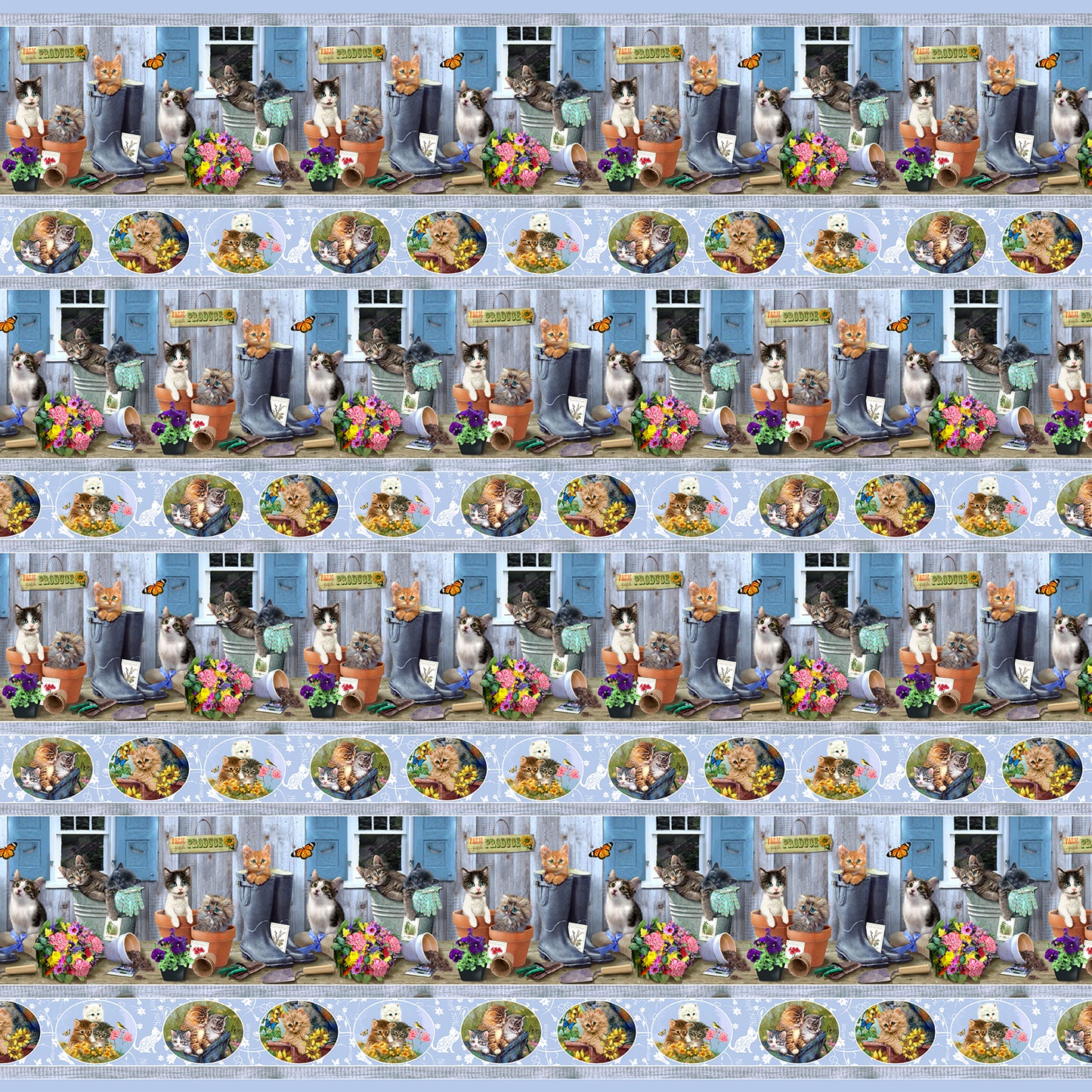 Kittens the Garden Border Stripe Blue Robert Giordano Henry Glass Cotton Fabric