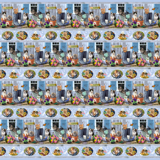 Kittens the Garden Border Stripe Blue Robert Giordano Henry Glass Cotton Fabric