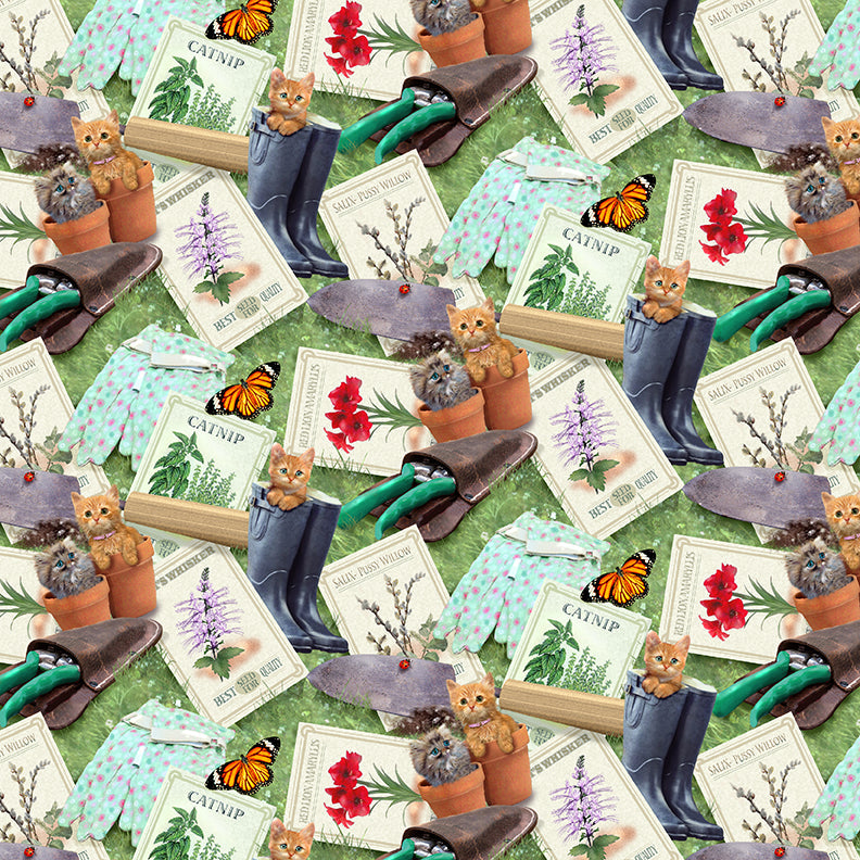 Kittens the Garden Seed Pack Sage Robert Giordano Henry Glass Cotton Fabric