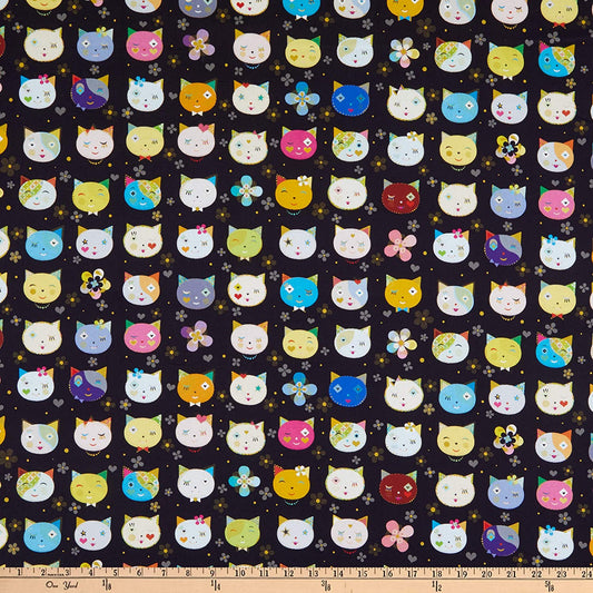 Kitty Cat Heads & Flowers Black Quilting Treasures Cotton Fabric