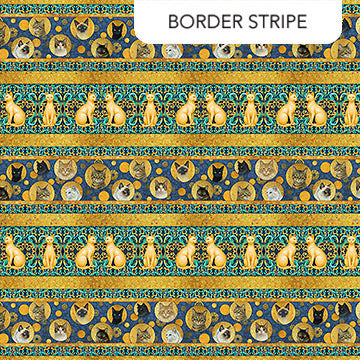 Klimty Cats Cats Border Stripe Regal Blue Patrick Lose Northcott Cotton Fabric NC-PL-10786-54