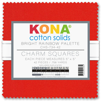 Kona Cotton Bright Rainbow Palette 5” Squares 42 pcs Robert Kaufman Cotton Fabric Kona-CHS-734-42