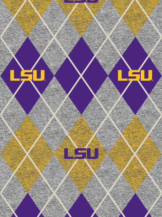 Louisiana State LSU Tigers NCAA College Heather Argyle Sykel Enterprises Polyester FLEECE Fabric LSU-1148