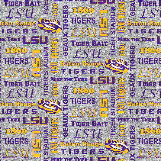 Louisiana State LSU Tigers NCAA College Heather Verbiage Sykel Enterprises Polyester FLEECE Fabric LSU-1162