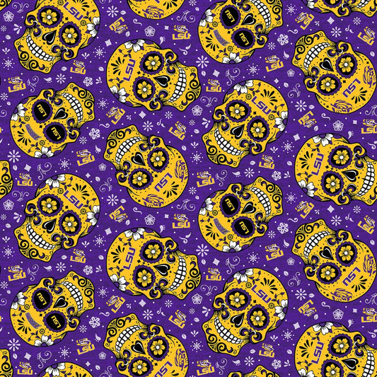 Louisiana State Tigers NCAA College Limited Run Sugar Skulls Sykel Cotton Fabric