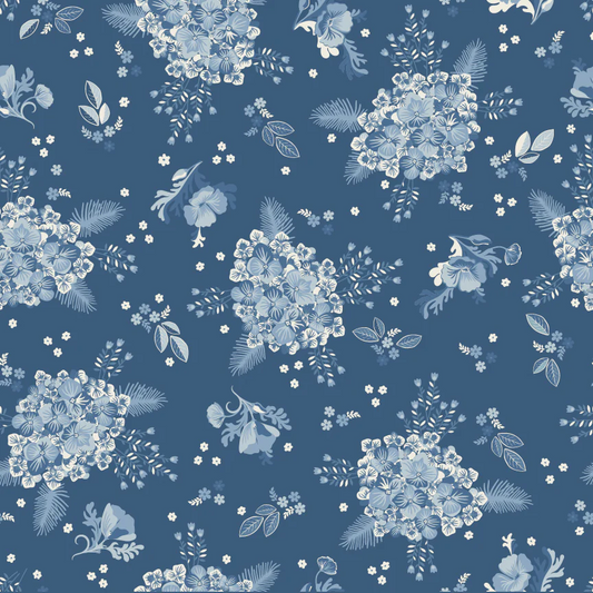 Lakeland Blues Hydrangeas Dark Samantha Walker Poppie Cotton Cotton Fabric POC-LB25814