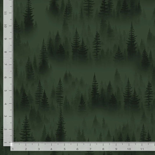 Lakeside Cabin Evergreen Silhouette Green George McCartney Timeless Treasures Cotton Fabric