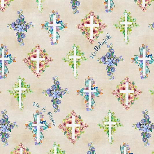Lamb of God He Is Risen Crosses Beige Paintbrush Studios Cotton Fabric PBS-120-26468