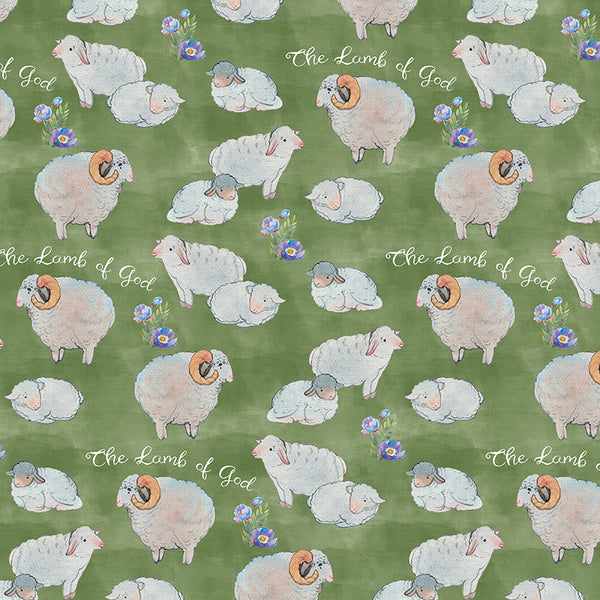 Lamb of God Lambs Tossed Green Words Paintbrush Studios Cotton Fabric PBS-120-26466