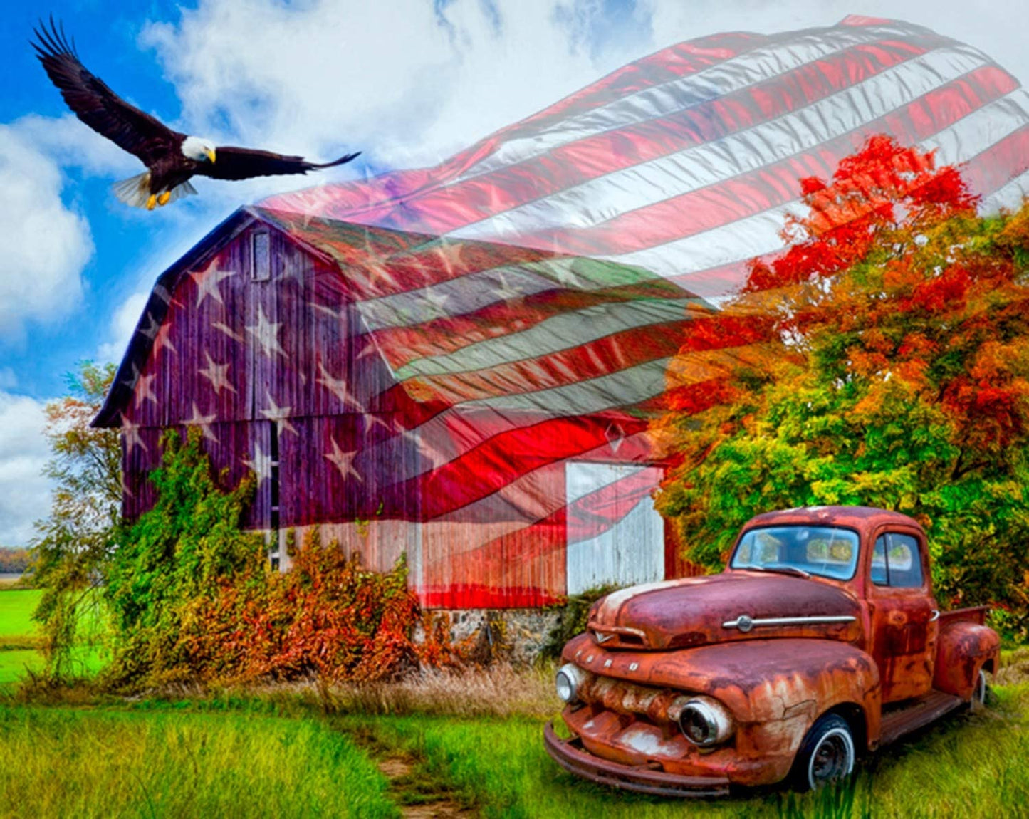 Land of Liberty Patriotic Red Barn Truck Eagle Panel 36" David Textiles Cotton Fabric