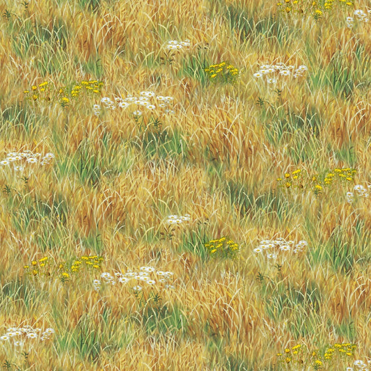 Landscape Medley Meadow Grass Gold Elizabeth's Studio Cotton Fabric ES-7209-GOLD