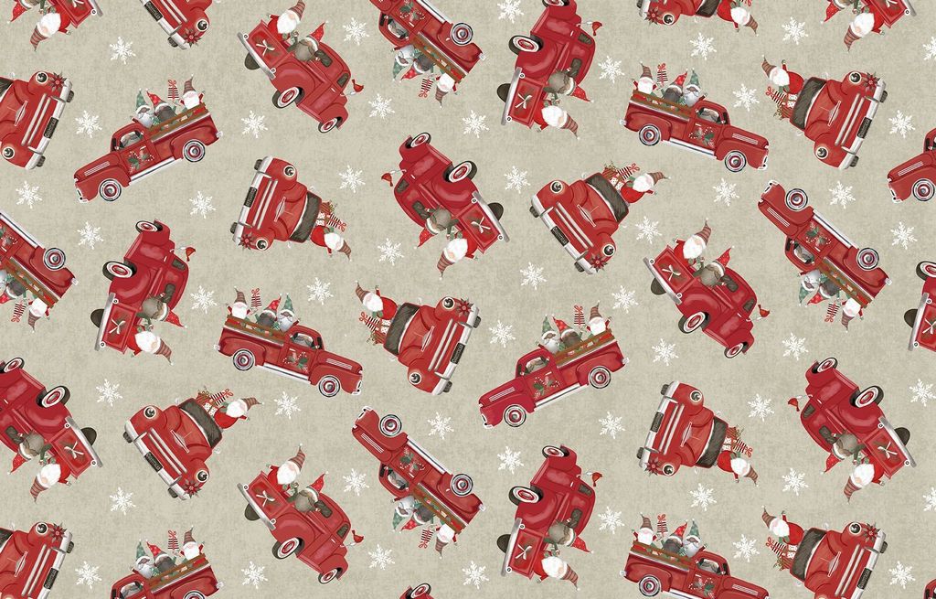 Let it Snow Christmas Truck and Gnome Beige Gail Cadden Timeless Treasures Cotton Fabric