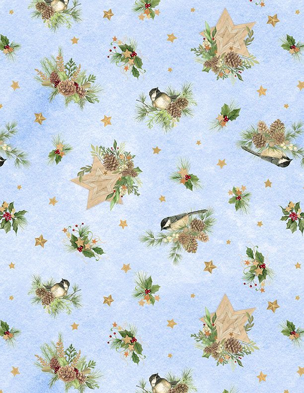 Let It Snow-Man! Birds and Pine Toss Light Blue Danielle Leone Wilmington Prints Cotton Fabric WP-3017-27757-472