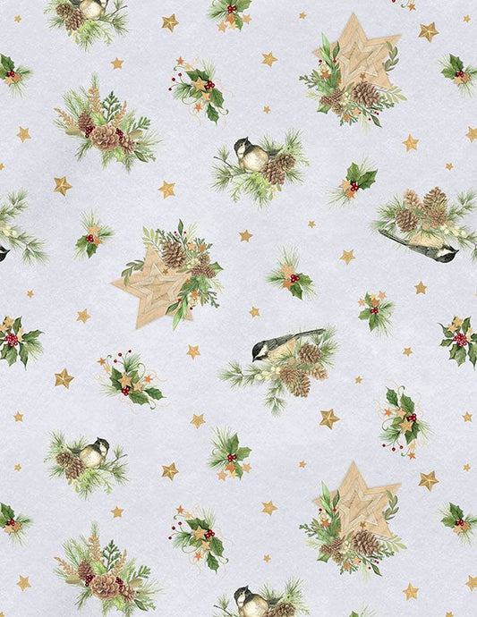 Let It Snow-Man! Birds and Pine Toss Light Grey Danielle Leone Wilmington Prints Cotton Fabric WP-3017-27757-972