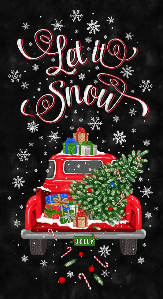 Let it Snow Red Truck Panel 24" Black Timeless Treasures Cotton Fabric