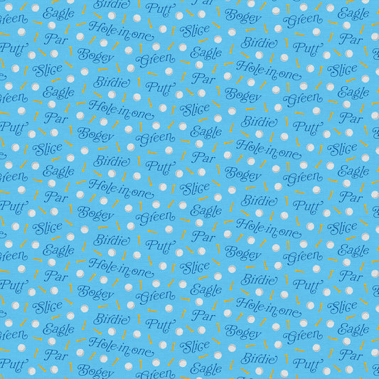 Let's Go Golfing Golf Words Toss Blue Paintbrush Studio Cotton Fabric PBS-120-25202
