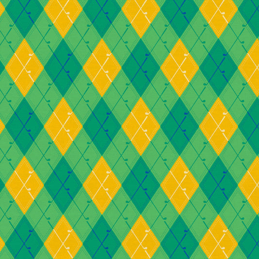 Let's Go Golfing Putter Argyle Yellow Green Paintbrush Studio Cotton Fabric PBS-120-25205