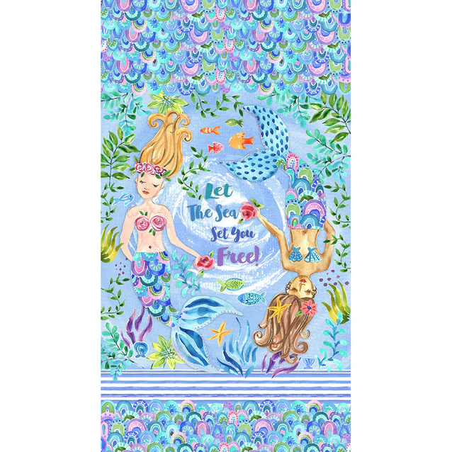 Let the Sea Set You Free Mermaids Panel 22" Blue Sykel Enterprises Cotton Fabric SYK-10419