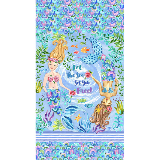Let the Sea Set You Free Mermaids Panel 22" Blue Sykel Enterprises Cotton Fabric SYK-10419