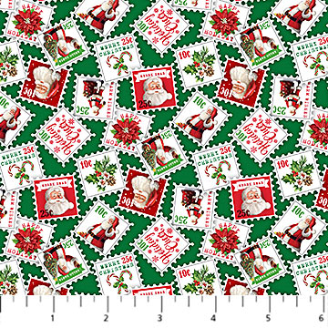 Letters to Santa Stamps Green Multi Simon Treadwell Northcott Studio Cotton Fabric