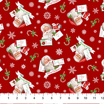 Letters to Santa Tossed Santas Red Multi Simon Treadwell Northcott Studio Cotton Fabric