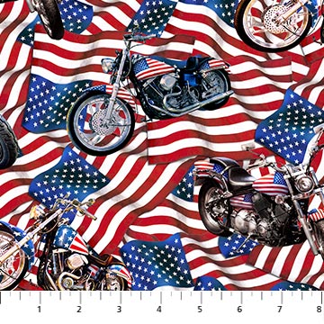 Liberty Ride Motorcycle Toss on American Flags Multi Northcott Cotton Fabric
