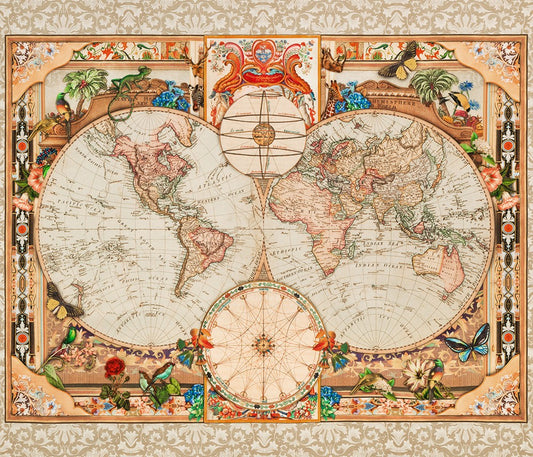 Library of Rarities World Map Panel 36" Antique Multi Lars Stewart Robert Kaufman Cotton Fabric