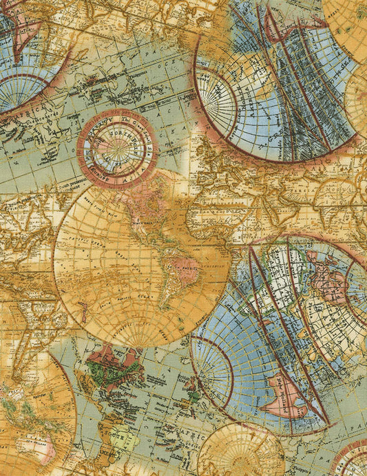 Library Globe Map Atlas with Metallic Multi Timeless Treasures Cotton Fabric TT-CM6894-Globe