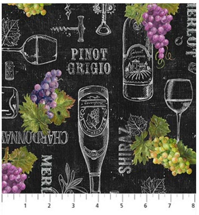 Life Happens Wine Helps Wine Bottles Glasses Words Black Ellen Clark Studio Northcott Cotton Fabric