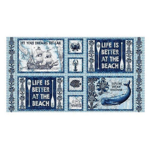 Life is Better at Beach Indigo Coast 24" Panel Studio E Cotton Fabric