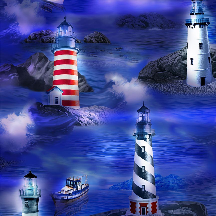 Light the Way Lighthouses Blue Sea Michael Searle Timeless Treasures Cotton Fabric