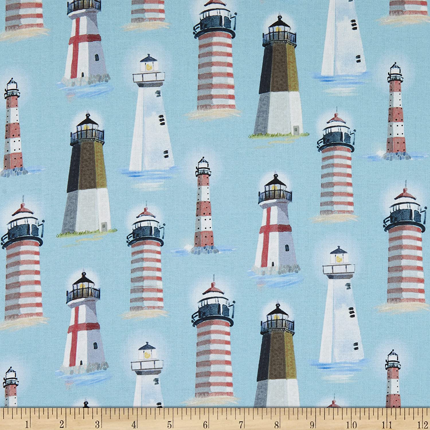 Lighthouse Ocean Blue Teal Thomas Little Timeless Treasures Cotton Fabric | US Fabric Shop