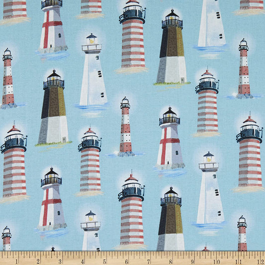 Lighthouse Ocean Blue Teal Thomas Little Timeless Treasures Cotton Fabric