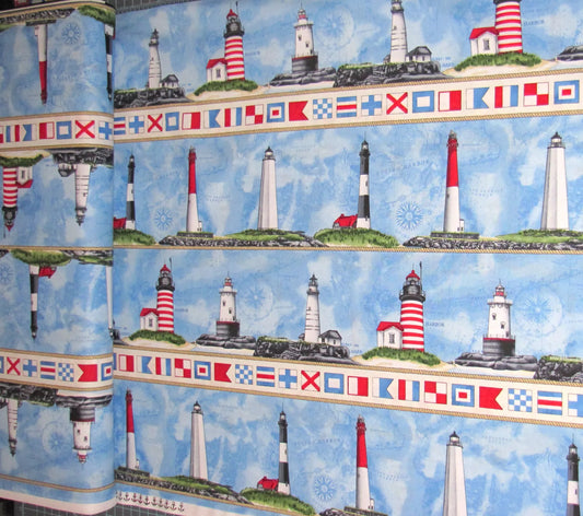 Lighthouse & Naval Flag Stripe Blue Timeless Treasures Cotton Fabric