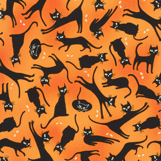 Lights Out Glow the Dark Black Cats Pumpkin Orange Robert Kaufman Cotton Fabric