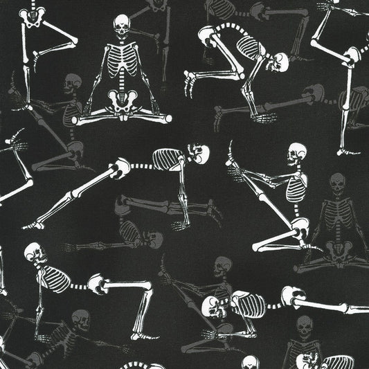 Lights Out Glow the Dark Yoga Skeletons Nightfall Black Robert Kaufman Cotton Fabric