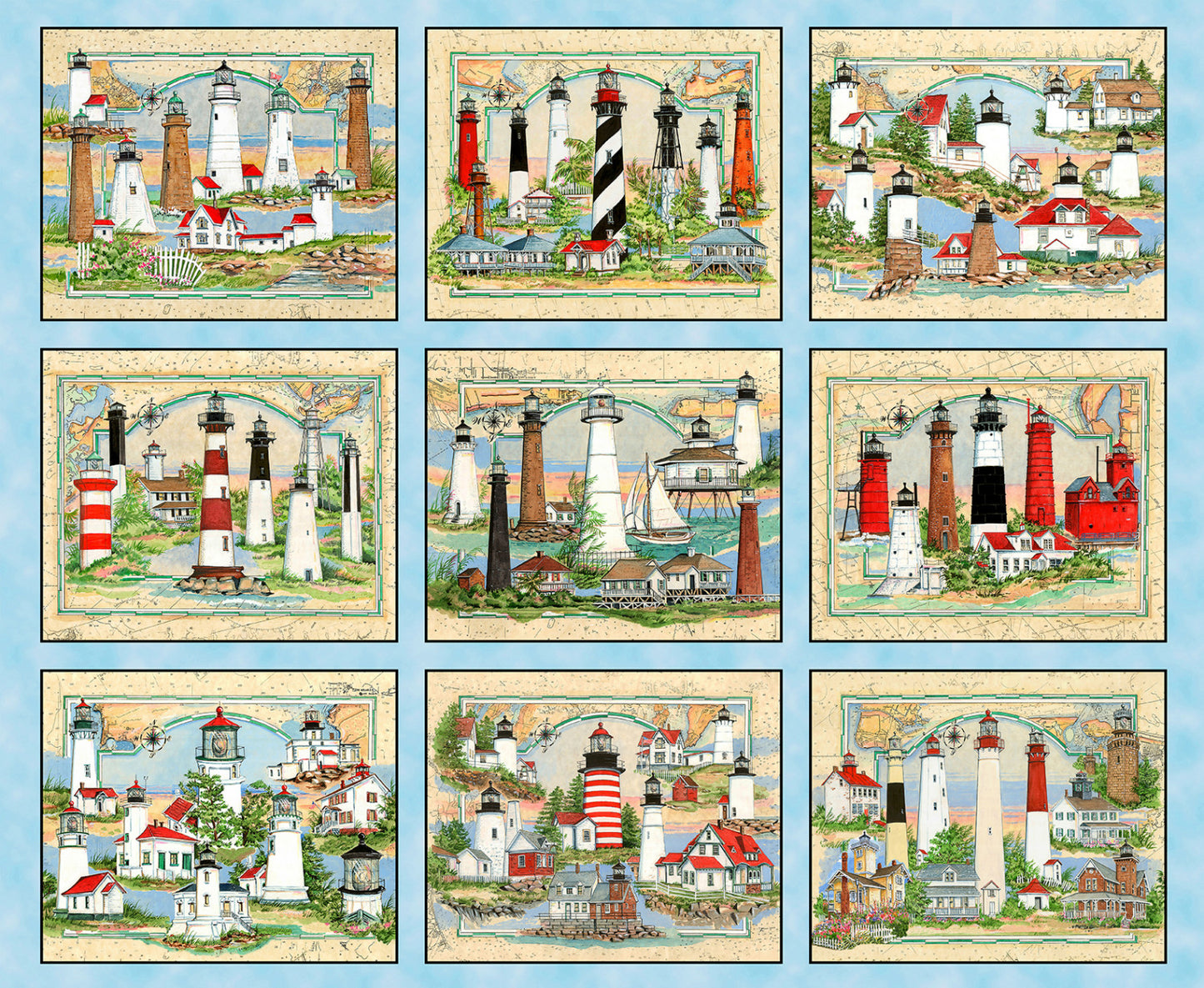 Lights of Hope Lighthouses Panel 36" Blue Donna Elias Elizabeth's Studio Cotton Fabric