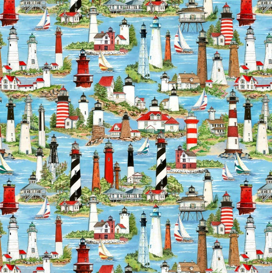 Lights of Hope Packed Lighthouses Blue Donna Elias Elizabeth's Studio Cotton Fabric