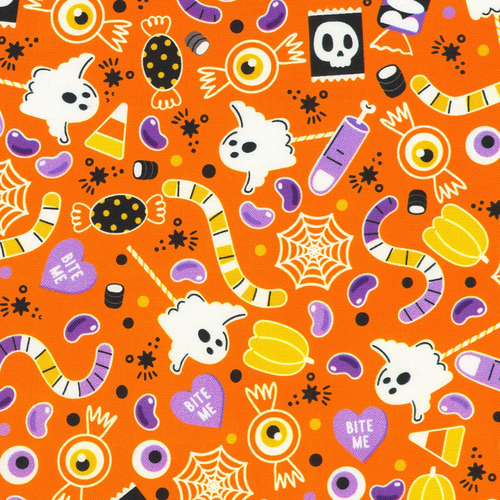 Lights Out Glow in the Dark Candy Ghosts Pumpkin Orange Robert Kaufman Cotton Fabric RK-SRKDO-23743-148