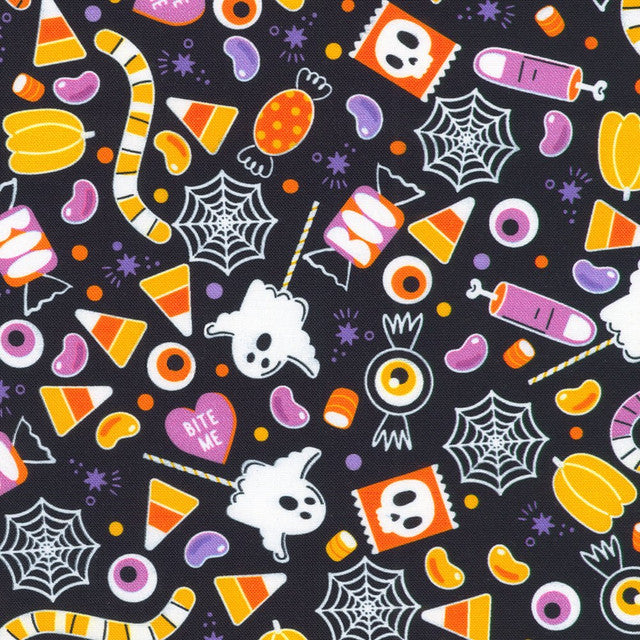 Lights Out Glow in the Dark Candy Ghosts Spooky Black Robert Kaufman Cotton Fabric RK-SRKDO-23743-282 | US Fabric Shop