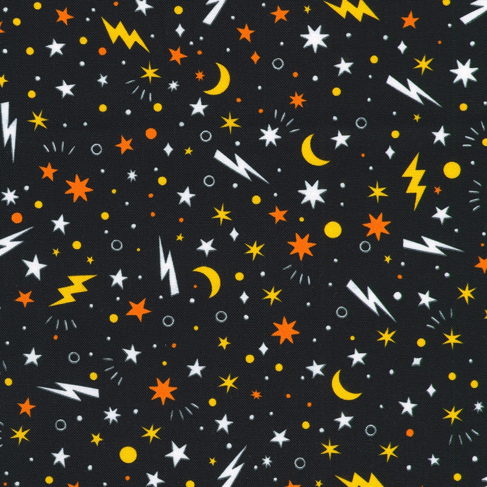 Lights Out Glow in the Dark Halloween Moons Stars Night Black Robert Kaufman Cotton Fabric RK-SRKDO-23744-438