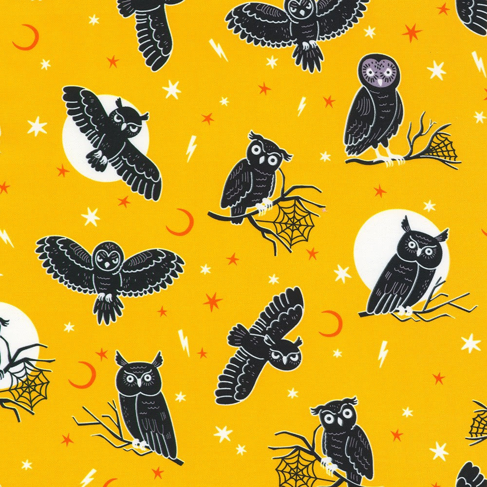 Lights Out Glow in the Dark Owls Ember Yellow Robert Kaufman Cotton Fabric RK-SRKDO-23741-285
