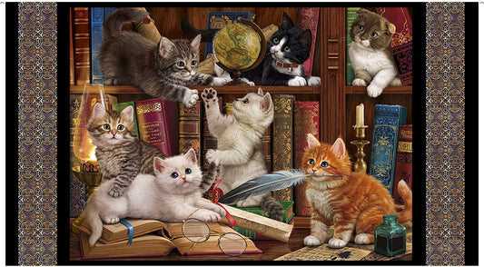 Literary Kitties Panel 24" Black Quilting Treasures Cotton Fabric