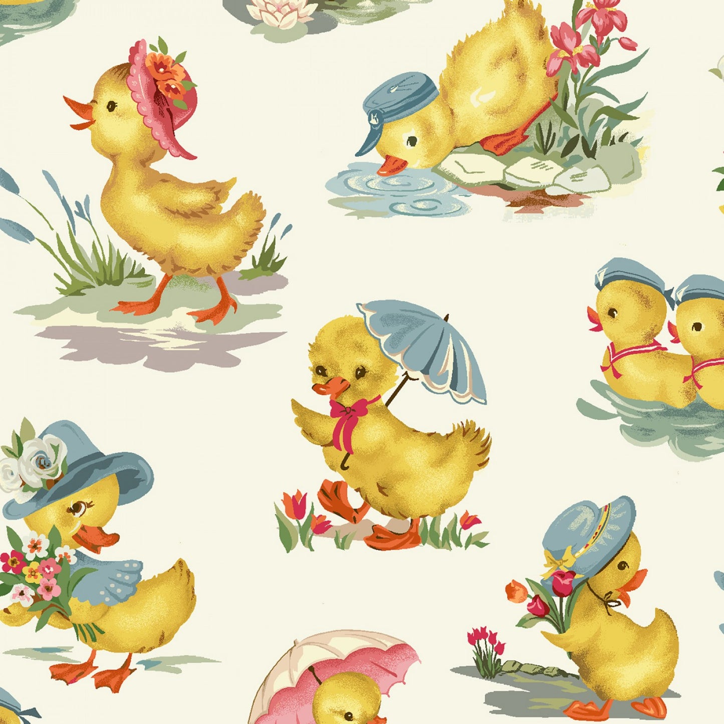 Little Darlings Springtime Ducklings Cream Freckle and Lollie Cotton Fabric