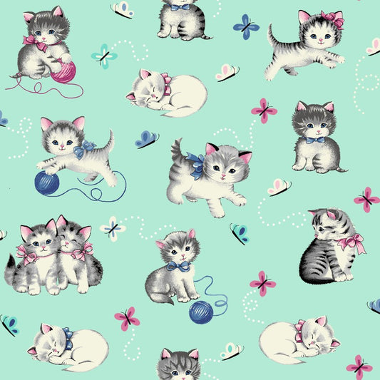 Little Darlings Vintage Kitties Mint Blue Freckle and Lollie Cotton Fabric